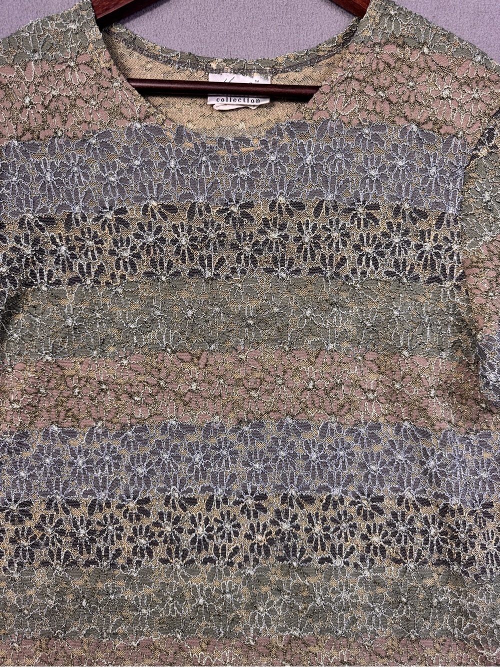 Vintage Y2K Kathie Lee Earth Tone Multicolor Lace Mesh Short Sleeve Top, XL - Picture 2 of 11